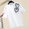 T-shirt Femme 2022 Été Blanc Femmes Tops Perles Mode T-shirt à manches courtes Coton Lâche Femme T-shirts Filles T-shirt Basic Tee
