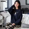 여성용 수면 라운지 패션 파자마 가을 겨울 홈웨어 롱 풀오버 라운지 웨리 XXL 3XL 여성 Pijama 세트 격자 무늬 곰 2 조각 세트 면화 파자마 220827