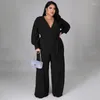 Trainingspakken perl temperament los rechtop solide kleur riem jumpsuit v-neck rompers wide been algehele plus size kleding voor vrouwen 3xl 4xl