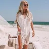 Kvinnors badkläder 2022 Vit stickbikini täcker sexig ihålig ut med mesh frans trim strandklänning kvinnor baddräkt strandkläder pareo