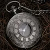 Pocket Watches Vintage Watch Antique Roman Number Quartz Steampunk Black Hollow Out Pendant Clock Chain Necklace Men Gift 220826