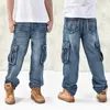 Herr jeans stora jeans mode l￶sa stora fickor hiphop skateboard casual m￤n denim bl￥ svart design m￤rke 220827