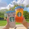 Mermaid Goddess Starbucks 24oz/710ml البلاستيك أكواب بلاستيكية قابلة لإعادة الاستخدام شرب الشرب المسطح المسطح القاع على شكل غطاء القش 50pcs