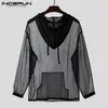 Mens TShirts INCERUN Fashion Men Mesh T Shirt Hooded See Through Long Sleeve Casual Tops Sexy Streetwear Loose Nightclub Party Tshirts 220826