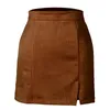 Skirts Woman Suede Zipper Bandage Slim Sexy Mini Autumn Winter Korean High Waist Casual Solid A-line Slits Brown Bodycon