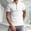 Men's Polos Men T-shirt Solid Color Slim Fit Zipper Stand Collar Short Sleeves Summer Gym Man Pullover Tops White Male Clothes Streetwear