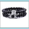 Kralen strengen 2 pc's/set dierenking leeuw hoofd zwart onyx agaat armband natuursteen kroon paar braclet sets voor mannen hand juwelier dhsi2