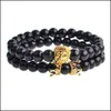 Beaded Strands 2 Pcs/Set Animal King Lion Head Black Onyx Agate Bracelet Natural Stone Crown Couple Braclet Sets For Men Hand Jewelr Dhsi2