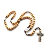 Pendant Necklaces QIGO Brown Wood Beads Strand Neckalce Jesus Cross Weave Rosaries Catholic Religious Jewelry