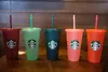 Starbucks 24oz 16oz أكواب بلاستيكية غطاء الهدايا تورم قابلة لإعادة الاستخدام شرب الشرب المسطح القاع القاع المتغير فلاش أكواب سوداء