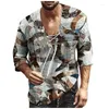 Men's T -skjortor Vintage Print för män Sommar Halva SHORT SLEEVE Bekväm bomullslinne V Neck Loose Tshirts Camisetas