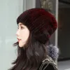 Winter Fur Hat Women 100% Mink Fur Cap Ear Warm Silver Fox Pompom High Elastic