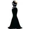 2022 Sereia de sereia de veludo preto sexy vestidos de noite usam um ombro de tamanho prateado de cristal prata mangas mangas mangas do baile vestidos vestido de novia