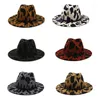 Bérets Retro Jazz Top Hat Big Brim Cow Print Western Cowboy All-Match Feutre avec corde en cuir pour un usage quotidien