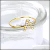 Band Rings Tiny Rhinestone Initial Letter Zircon Ring Gold Stainless Steel 26 A-Z Couple For Women Men Fashion Adjustable Jewelry Fri Dhy34