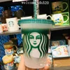 Occs Starbucks 16oz/473ml أكواب بلاستيكية من البلاستيك قابلة لإعادة الاستخدام شرب الشرب المسطح السفلي شكل غطاء القش Cups 50pcs مجانا DHL