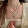 Hanger kettingen eenvoudige meerlagige zwarte zilveren kleur hart imitatie parel kristal kralen ketting voor vrouwen modebarok choker