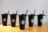 Tumblers Starbucks 24oz/710ml Plastikbecher Wiederverwendbarer schwarzer Trinkbecher mit flachem Boden Säulenförmiger Deckel Strohbecher 30 Stück 1