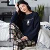 여성용 수면 라운지 패션 파자마 가을 겨울 홈웨어 롱 풀오버 라운지 웨리 XXL 3XL 여성 Pijama 세트 격자 무늬 곰 2 조각 세트 면화 파자마 220827