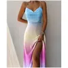 Swimwear de mujeres 2022 Moda Colorido Impreso de gradiente Long Vestido Verano Backless Boho Off Shoulder Crystal espumoso Cubierto