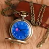 Pocket Watches Cute Bronze Quartz Hollow Watch Blue Planet Dial Kid Universe Girl Boy Fashion Halsband Klockgåvor för män damer