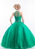 Vestidos de niña Verde esmeralda Niñas Desfile Halter Cuello alto Tul Con cuentas Cristales Niños Apliques Glitz Flor