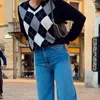 Camisolas femininas outono feminino Black V Neck Vintage Sweater Casual Argyle Plaid Jumper Women Y2K estilo preppy Manga longa