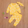 Kledingsets Born Toddler Baby Girls 3pcs Set Round Collar Daisy Flower Print Top Sweatshirts broek hoofdband val babykleding