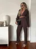 Tute da donna Estate Donna Sexy Pieghettato 2 Pezzi Set sciolto Profondo scollo a V Lace Up Crop Top Vita alta Pantaloni a gamba larga Completo Nuovi abiti casual T220827