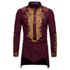 Men's Dress Shirts Men African Shirt Long Sleeve Luxury Gold Floral Print Stand Collar For Ethnic Style White Dashiki Male Pullovers