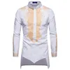 Men's Dress Shirts Men African Shirt Long Sleeve Luxury Gold Floral Print Stand Collar For Ethnic Style White Dashiki Male Pullovers