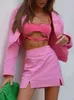 Women's Tracksuits Pure Cotton Women Suits Sexy Crop Blazer Slim Split Hip Package Skirt 2 Piece Sets 2022 Summer Pink Office Lady Elegant Outfits T220827