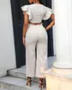 여자 T 셔츠 2022 여성 패션 우아한 섹시한 주름 슬리브 소매 매듭 탑 하이 허리 바지 세트 단단한 짧은 v- 넥