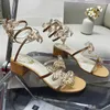 Gold sandals Rene Caovilla Stiletto heel womens shoes designers Snake flowers rhinestone decorate wrapped around foot rings quality 9.5CM high heeled Rome sandals