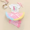 Ensembles de vêtements Lioraitiin 0-18M Born Infant Baby Girl Ensemble de vêtements de Pâques Combinaison à manches courtes Jupe en tulle à volants Jambières Bandeau