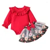 Ensembles de vêtements bébé fille jupe costume poignets à volants barboteuse à manches longues imprimé floral printemps automne deux pièces