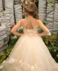 2022 Bella Champagne Principessa Flower Girls Abiti Overskirts Sheer Neck Appliques di pizzo Fiori Tulle Compleanno Bambina Abiti da spettacolo con treno staccabile