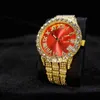 Missfox Roman Numerals Orologio da uomo Red Dial Big Diamnd Bezel Man Gold Watch Stainls Steel Fashi