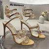 Gold sandals Rene Caovilla Stiletto heel womens shoes designers Snake flowers rhinestone decorate wrapped around foot rings quality 9.5CM high heeled Rome sandals