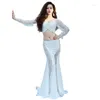 Costume d'usure de scène pour vêtements de danse orientale femmes à manches longues 2 pièces ensemble robe de ventre Costumes accessoires élégant dentelle blanc