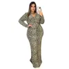 Plus Size Dresses Long For Women High Waist V Neck Full Sleeve Robes Autumn Fashion Leopard Print Streetwear Oversize Maxi Dress