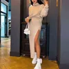 Women's Tracksuits Women Turtleneck Sweater Knitted Set With a Skirt Loose Jumper And Split High Waist Skirts Suit Lady Winter 2021 Casual Fashion T220827