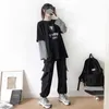 Women's Two Piece Pants QWEEK Gothic Women Sets Oversize Patchwork Printed T-shirts Hip Hop Cargo Trousers 2 Pieces Punk Streetwear Casual
