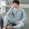 남성용 졸업식 봄 가을 니트 면화 긴 파자마 세트 격자 무늬 잠자기 PJ Pajamas 남자 수면 라운지 홈 패션 220827