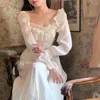 Casual Dresses Vintage Elegant White Long Dress Woman 2022 Mori Style Fairy Princess Party Square Collar Sleeve Spring Autumn