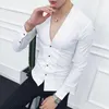 Men's Casual Shirts V Sexy Deep Collarless Shirt Autumn Long Sleeve Slim Fit Pleating Dress Camisa Masculina Wine Red Club Party