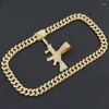 Naszyjniki wisiorek Hip Hop lodowane kubańskie łańcuchy bling diamentowy pistolet mody męski miami złoty łańcuch urok biżuterii