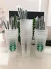 Starbucks 24oz/710ml البلاستيك Tumbler قابلة لإعادة الاستخدام الشرب الشرب المسطح السفلي كوب شكل غطاء القش قش Bardian 500pcs DHL 1