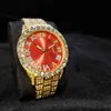 Missfox Roman Numerals Orologio da uomo Red Dial Big Diamnd Bezel Man Gold Watch Stainls Steel Fashi