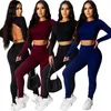 Pantalon deux pièces pour femmes 2022 hiver Sexy vêtements pour femmes couleur unie dos ouvert à manches longues costume deux pièces CQ062